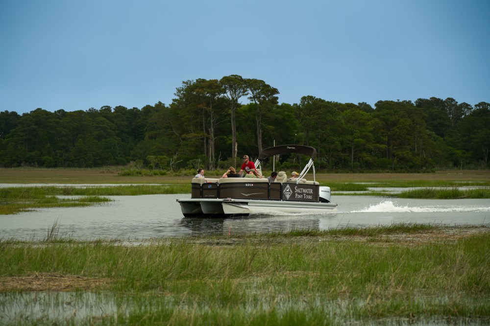 A pontoon boat with passengers cruising in a grassy marshland.