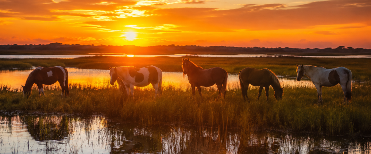 Horses grazing by a marsh at sunset with vibrant orange and red sky.